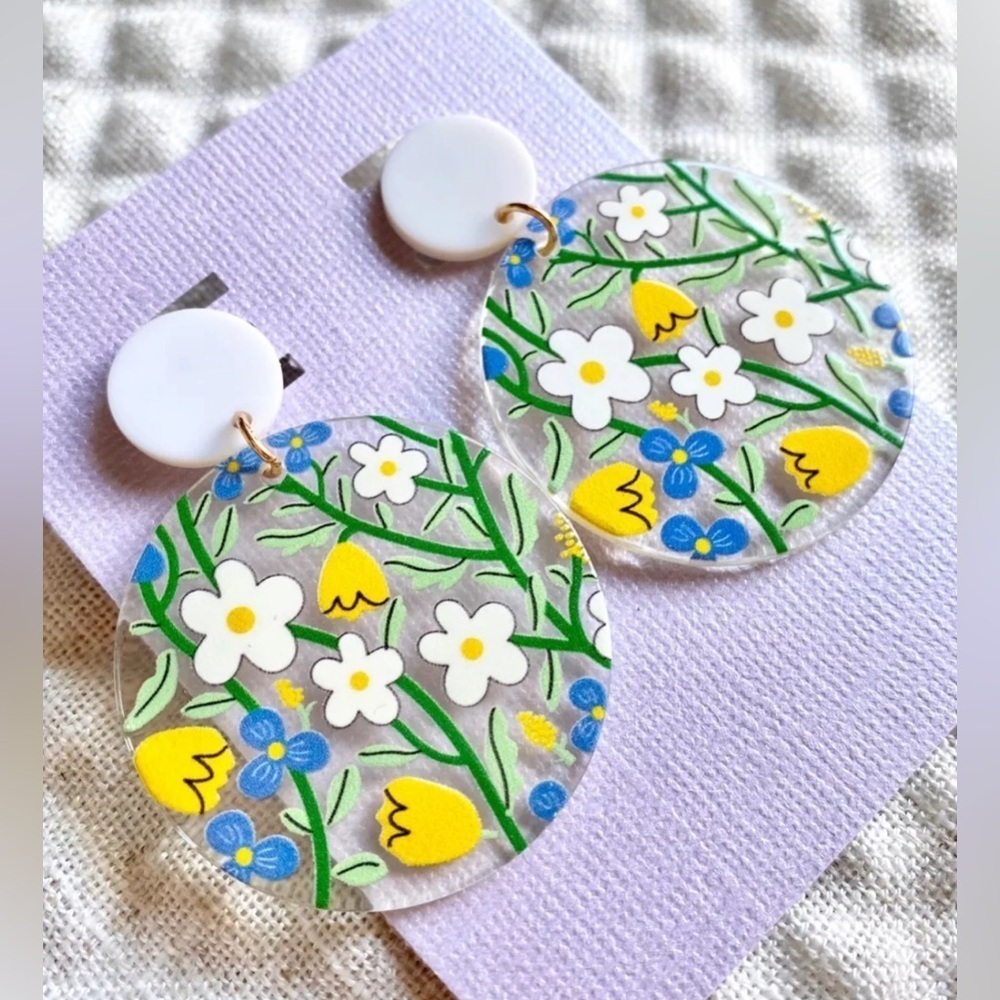New Blue Yellow White Tulip Daisy Flower Floral Dangle Earrings - 2.25”